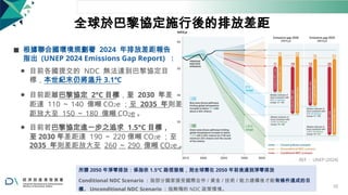 全球於巴黎協定施行後的排放差距
◼ 根據聯合國環境規劃署 2024 年排放差距報告
指出 (UNEP 2024 Emissions Gap Report) ：
⚫ 目前各國提交的 NDC 無法達到巴黎協定目
標，本世紀末仍將溫升 3.1℃
⚫ 目前距離巴黎協定 2°C 目標，至 2030 年差
距達 110 ～ 140 億噸 CO2e ；至 2035 年則差
距放大至 150 ～ 180 億噸 CO2e 。
⚫ 目前若巴黎協定進一步之追求 1.5°C 目標，
至 2030 年差距達 190 ～ 220 億噸 CO2e ；至
2035 年則差距放大至 260 ～ 290 億噸 CO2e 。
REF ： UNEP (2024)
所謂 2050 年淨零排放：係指依 1.5℃ 路徑發展，則全球需在 2050 年前後達到淨零排放
Conditional NDC Scenario ：指部分國家接受國際合作 / 資金 / 技術 / 能力建構後才能有條件達成的目
標。 Unconditional NDC Scenario ：指無悔的 NDC 政策情境。
32
 