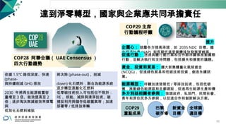 達到淨零轉型，國家與企業應共同承擔責任
COP29 主席
行動議程呼籲
提升
企圖心： 鼓勵各方提高承諾，如 2035 NDC 目標、國
家調適計畫 (NAP) 和長期低溫室氣體排放發展策略等。
COP28 阿聯合議（ UAE Consensus ）
四大行動趨勢
依據 1.5℃ 路徑深度、快速 將汰除 (phase-out) 、削減
(phase-
與持續削減 GHG 排放 down) 化石燃料，融合為能源系統
逐步轉型遠離化石燃料
促進行動： 透過具體行動方案和合作夥伴關係推動實際
行動，並解決執行和支持問題，包括損失和損害的議題。
資金、投資和貿易： 擴大新集體量化氣候資金
(NCQG) 、促進綠色貿易和低碳技術投資，創造永續就
業。
能源轉型： 呼籲加速發展低 / 零排放技術，包括低碳
氫，推動綠色能源區和走廊建設，促進再生能源生產和傳
輸。
2030 年將再生能源裝置容
量增至 3 倍、能效提高至 2
倍；逐步淘汰無減碳效率煤電
與
低效化石燃料補貼
低零碳技術投入可包括但不限於：
RE 、核能、減排與清淨技術、碳
捕捉利用與儲存低碳氫氣等；加速
部署零 / 低排放車輛
多方利益相關者參與： 強調政府、私部門、民間社會、
青年和原住民多方參與，以促進合作和創新解決方案。
COP29 巴黎 新資金 全球調
重點成果 碳市場 目標 適目標
55
 
