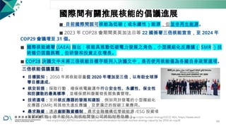 國際間有關推展核能的倡議進展
◼ 目前國際間認可核能為低碳（或永續性）能源，但並非再生能源。
◼ 2023 年 COP28 會期間美英加法日等 22 國簽署三倍核能宣言，至 2024 年
COP29 會議增至 31 個。
◼ 國際核能總署 (IAEA) 指出：核能具推動低碳電力發展之角色，小型模組化反應爐（ SMR ）技
術雖仍面臨挑戰，但研發和投資正在增長。
◼ COP28 決議文中未將三倍核能目標字眼列入決議文中，是否使用核能僅為各國自身政策選項。
三倍核能倡議重點：
⚫ 目標認知： 2050 年將核能容量從 2020 年增加至三倍，以有助全球淨
零目標達成。
⚫ 核安前提：採取行動，確保核電廠運作符合安全性、永續性、保全性
和防擴散的最高標準，並確保燃料廢棄物長期負責管理。
⚫ 技術選項：支持核反應器的發展和建設，例如用於發電的小型模組化
反應器 (SMR) 和其他先進反應爐，及更廣泛的脫碳工業應用。
⚫ 尋求融資：透過創新融資機制，尋求金融機構低零碳能源 /ESG 投資項
目認可核能（若未能列入則核能開發公司將陷財務危機）。
資料來源： US Department of State, https://www.state.gov/declaration-to-triple-nuclear-energy/OECD NEA, https://www.oecd-
nea.org/jcms/pl_88702/countries-launch-joint-declaration-to-triple-nuclear-energy-capacity-by-2050-at-cop28 64
 