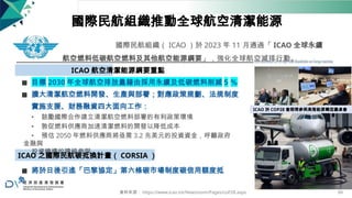 國際民航組織推動全球航空清潔能源
國際民航組織（ ICAO ）於 2023 年 11 月通過「 ICAO 全球永續
航空燃料低碳航空燃料及其他航空能源綱要」，強化全球航空減排行動。
ICAO 航空清潔能源綱要重點
◼ 目標 2030 年全球航空排放量藉由採用永續及低碳燃料削減 5 ％
◼ 擴大清潔航空燃料開發、生產與部署；對應政策規劃、法規制度
實施支援、財務融資四大面向工作：
• 鼓勵國際合作建立清潔航空燃料部署的有利政策環境
• 敦促燃料供應商加速清潔燃料的開發以降低成本
• 預估 2050 年燃料供應商將亟需 3.2 兆美元的投資資金，呼籲政府
金融與
投資機構的積極參與
ICAO 於 COP28 會期間參與高階能源轉型圓桌會
議
ICAO 之國際民航碳抵換計畫（ CORSIA ）
◼ 將於日後引進「巴黎協定」第六條碳市場制度碳信用額度抵
免
資料來源： https://www.icao.int/Newsroom/Pages/coP28.aspx 69
 