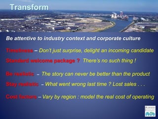 Transform
Be attentive to industry context and corporate culture
Timeliness – Don’t just surprise, delight an incoming candidate
Standard welcome package ? There’s no such thing !
Be realistic – The story can never be better than the product
Stay realistic – What went wrong last time ? Lost sales . . .
Cost factors – Vary by region : model the real cost of operating
 