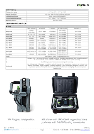 ENVIRONMENTAL
Temperature range -10ºC to +45ºC | +14°F to +113°F
Ingress protection IP54. IP67 when enclosed in optional hard case
Operational humidity 5% to 95% RH non-condensing
Storage temperature range -10°C to +60°C | +14°F to +140°F
Mechanical shock 40G shock rating
ORDERING INFORMATION
MODELS
DESCRIPTION TX1 RANGE TX2 RANGE RX RANGE (PIM) RTF MODULE *
iPA-0707A
700MHz
LOW/HIGH
728-731.5MHz 741-764MHz
698-716MHz
776-802MHz
RTF-1000A
iPA-0703A APT700 LTE 758-768MHz 778-803MHz 703-748MHz RTF-1000A
iPA-0790A LTE 800 791-796MHz 808-821MHz 832-862MHz RTF-1000A
iPA-0850A 850MHz 869MHz 879-894MHz 824-849MHz RTF-1000A
iPA-0900A GSM900 932.5-937.5MHz 949-960MHz 903-915MHz RTF-1000A
iPA-0901A EGSM900 925-935MHz 945-960MHz 880-915MHz RTF-1000A
iPA-1800A DCS1800 1805-1812MHz 1825-1880MHz 1710-1785MHz RTF-2000A
iPA-1921A
Dual Band
PCS/AWS
1930-1950MHz
1930-1950MHz
1970-1990MHz
2110-2155MHz
1850-1910MHz
1710-1755MHz
RTF-2000A
iPA-2100A UMTS (3rd & 7th) 2110-2130MHz 2150-2170MHz
1920-1980MHz
2050-2090MHz
RTF-2000A
iPA-2600A LTE 2600 2620-2630MHz 2650-2690MHz 2500-2570MHz RTF-2600A
Notes Specifications subject to change without notice.
1. *Range to Fault is an optional accessory available for iPA test instruments which enables users to measure distance
to return loss faults as well as distance to PIM faults. The RTF module is sold separately.
2. Dual Battery charger for standalone charging sold separately.
WARNING:
Use of the portable PIM analyzer in a radiating mode, for example when connected to an antenna not enclosed in an
anechoic environment, may be a violation of licensing regulations. Users should obtain permission in advance from
any licensed operators that might be affected by these tests. Furthermore, radiating high RF power can pose a
personnel risk.
Rev 1 Jul 28 2016 iPA Series
Contact Us: +1 303 768 8080 | +61 (0) 7 3907 1200 | www.kaelus.comPage 2
 