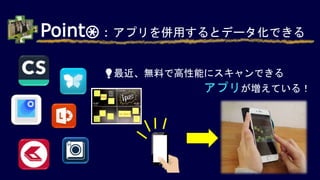 💡最近、無料で高性能にスキャンできる
アプリが増えている！
Point③：アプリを併用するとデータ化できる
 