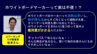 ホワイトボードマーカーって実は不便！？
ホワイトボードのマーカーって消耗は早いし、
粉が落ちるからすぐ汚くなって掃除が大変…
クリーナーも何度も買いなおしてるし…
ホワイトボードをきれいに保つのって意外と
維持費がかかるんだよねー
キットパス？知らないなぁ・・・
そんな商品があるなら、置いて他のお客さんにもお
すすめしたいなぁ！
コワーキング
ラボ経営者
松本さん
 