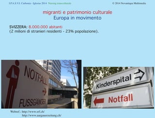 I.P.A.S.V.I. Carbonia - Iglesias 2014 Nursing transculturale				

migranti e patrimonio culturale
Europa in movimento
SVIZZERA: 8.000.000 abitanti
(2 milioni di stranieri residenti - 23% popolazione).

Webref.: http://www.srf.ch/			
http://www.aargauerzeitung.ch/

© 2014 Novantiqua Multimedia

 