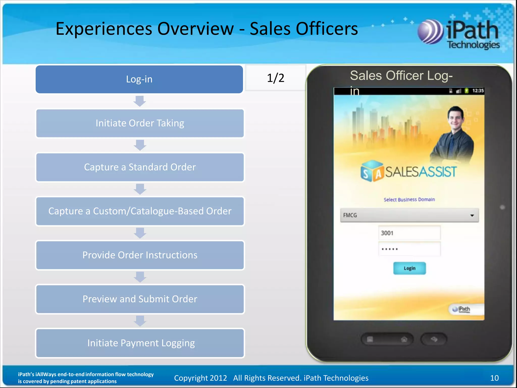 Experiences Overview - Sales Officers

                                           Log-in                                  1/2                    Sales Officer Log-
                                                                                                          in

                               Initiate Order Taking



                          Capture a Standard Order



            Capture a Custom/Catalogue-Based Order



                          Provide Order Instructions



                          Preview and Submit Order



                            Initiate Payment Logging

iPath’s iAllWays end-to-end information flow technology
is covered by pending patent applications                 Copyright 2012 All Rights Reserved. iPath Technologies               10
 