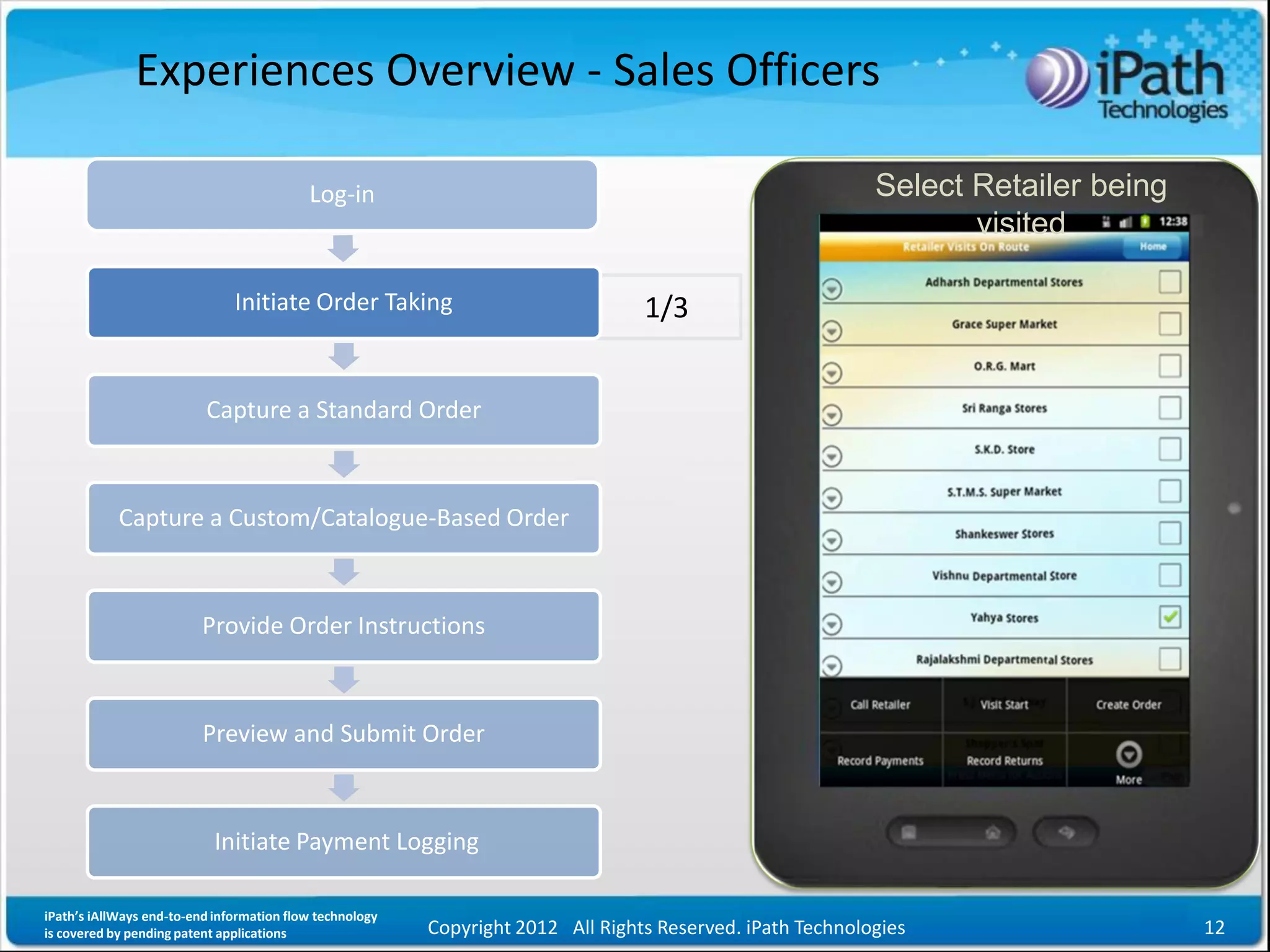Experiences Overview - Sales Officers

                                           Log-in                                                           Select Retailer being
                                                                                                                   visited

                               Initiate Order Taking                              1/3


                          Capture a Standard Order



            Capture a Custom/Catalogue-Based Order



                          Provide Order Instructions



                          Preview and Submit Order



                            Initiate Payment Logging

iPath’s iAllWays end-to-end information flow technology
is covered by pending patent applications                 Copyright 2012 All Rights Reserved. iPath Technologies                    12
 