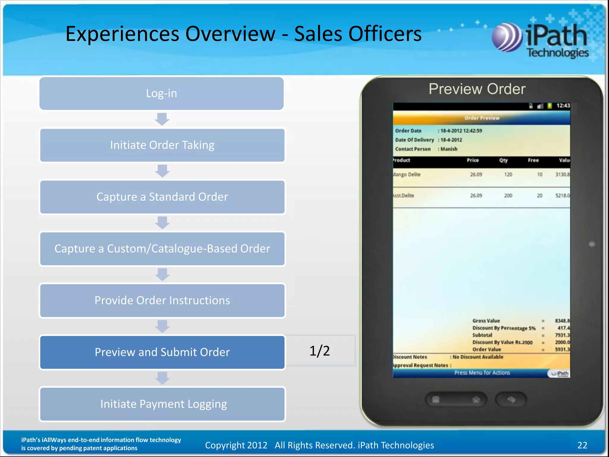 Experiences Overview - Sales Officers

                                          Log-in                                                              Preview Order


                              Initiate Order Taking



                         Capture a Standard Order



           Capture a Custom/Catalogue-Based Order



                         Provide Order Instructions



                         Preview and Submit Order                                 1/2


                           Initiate Payment Logging

iPath’s iAllWays end-to-end information flow technology
is covered by pending patent applications                 Copyright 2012 All Rights Reserved. iPath Technologies              22
 