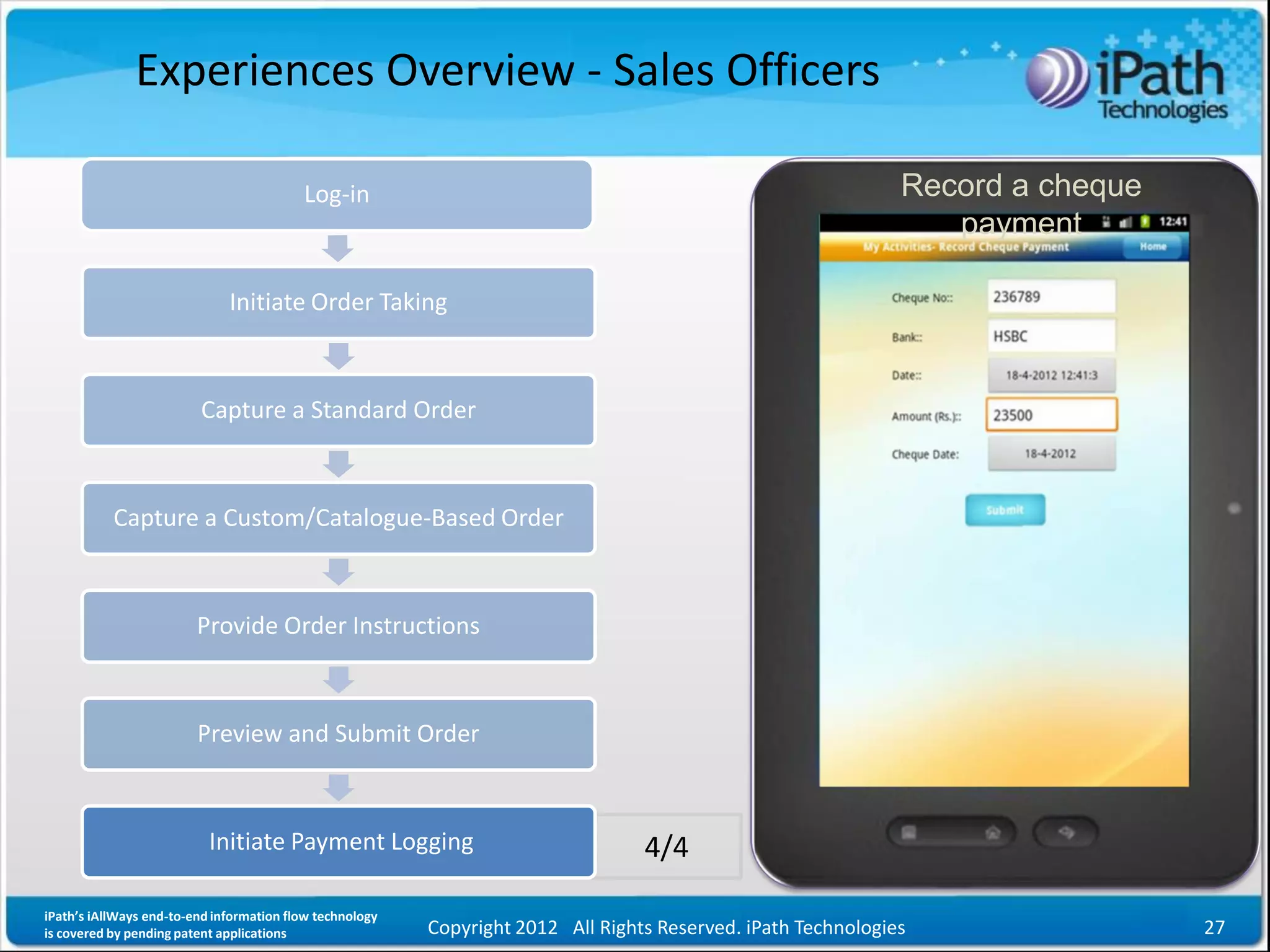 Experiences Overview - Sales Officers

                                          Log-in                                                               Record a cheque
                                                                                                                  payment

                              Initiate Order Taking



                         Capture a Standard Order



           Capture a Custom/Catalogue-Based Order



                         Provide Order Instructions



                         Preview and Submit Order



                           Initiate Payment Logging                               4/4

iPath’s iAllWays end-to-end information flow technology
is covered by pending patent applications                 Copyright 2012 All Rights Reserved. iPath Technologies                 27
 