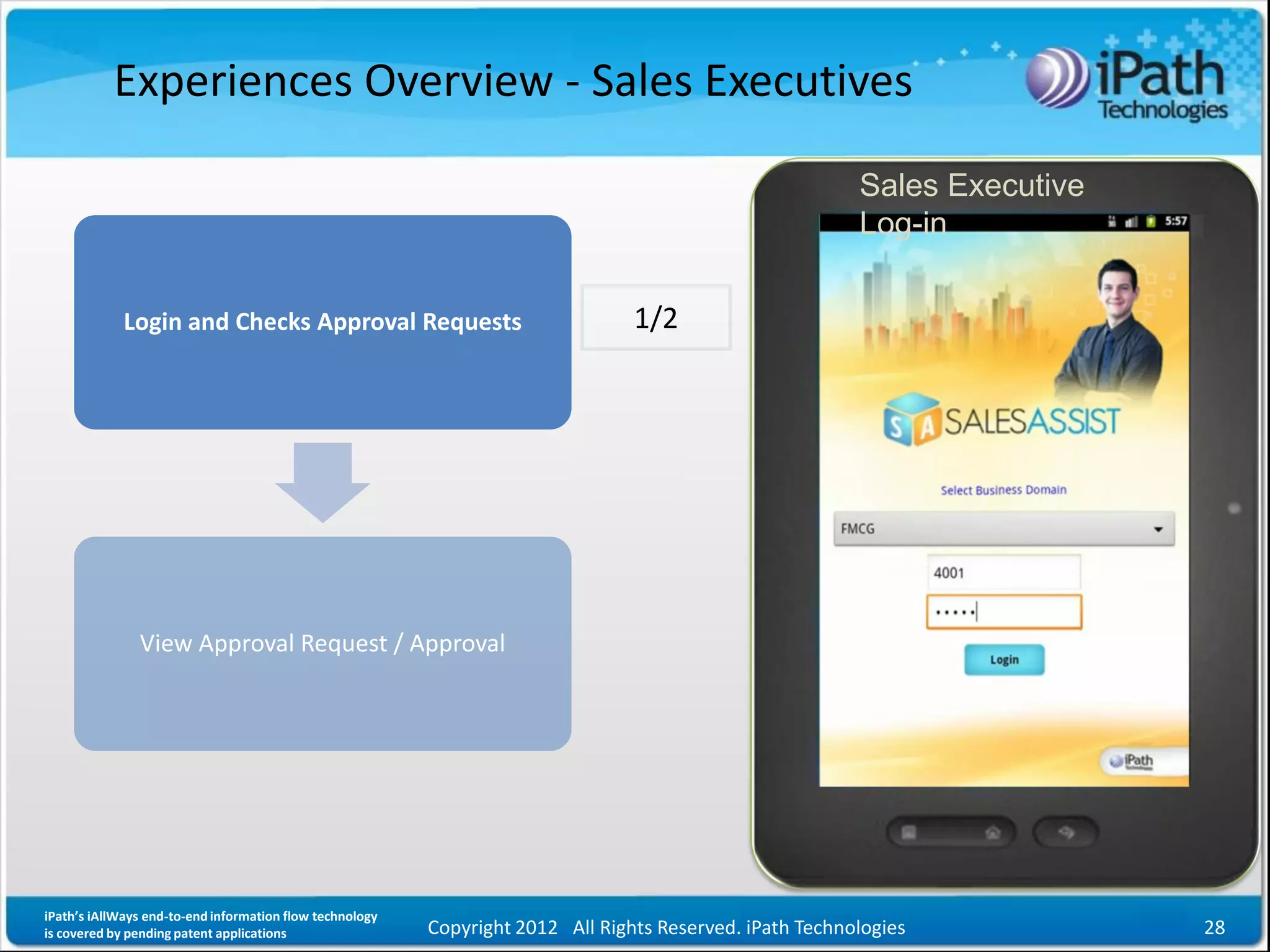 Experiences Overview - Sales Executives

                                                                                                          Sales Executive
                                                                                                          Log-in


             Login and Checks Approval Requests                                  1/2




               View Approval Request / Approval




iPath’s iAllWays end-to-end information flow technology
is covered by pending patent applications                 Copyright 2012 All Rights Reserved. iPath Technologies            28
 