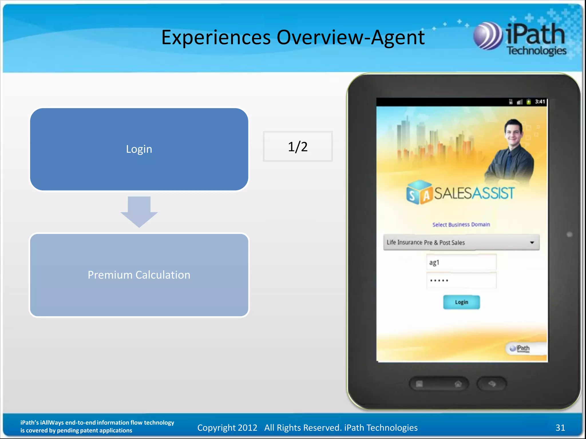 Experiences Overview-Agent



                                     Login                                      1/2




                        Premium Calculation




iPath’s iAllWays end-to-end information flow technology
is covered by pending patent applications                 Copyright 2012 All Rights Reserved. iPath Technologies   31
 