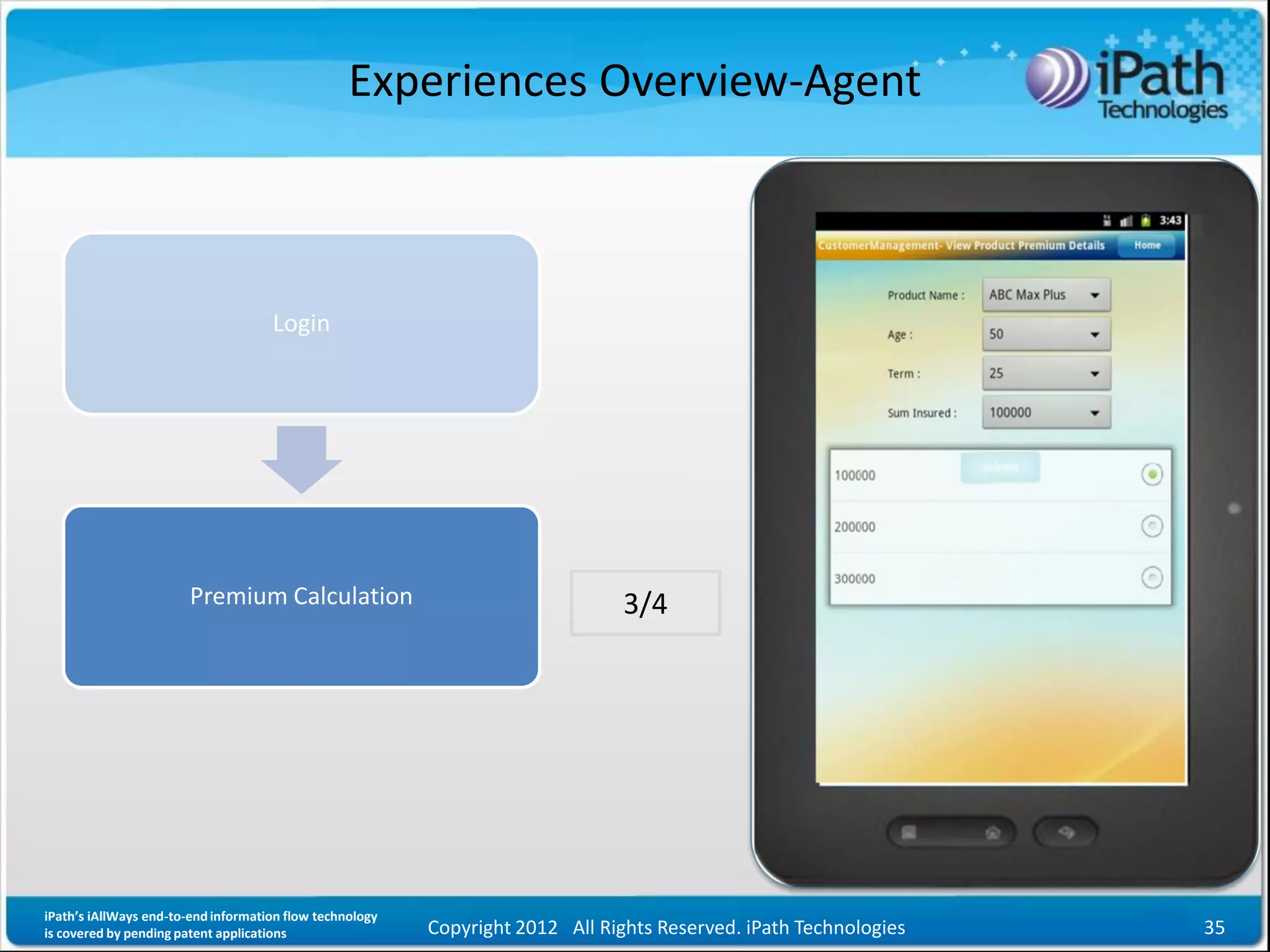 Experiences Overview-Agent



                                     Login




                        Premium Calculation                                     3/4




iPath’s iAllWays end-to-end information flow technology
is covered by pending patent applications                 Copyright 2012 All Rights Reserved. iPath Technologies   35
 