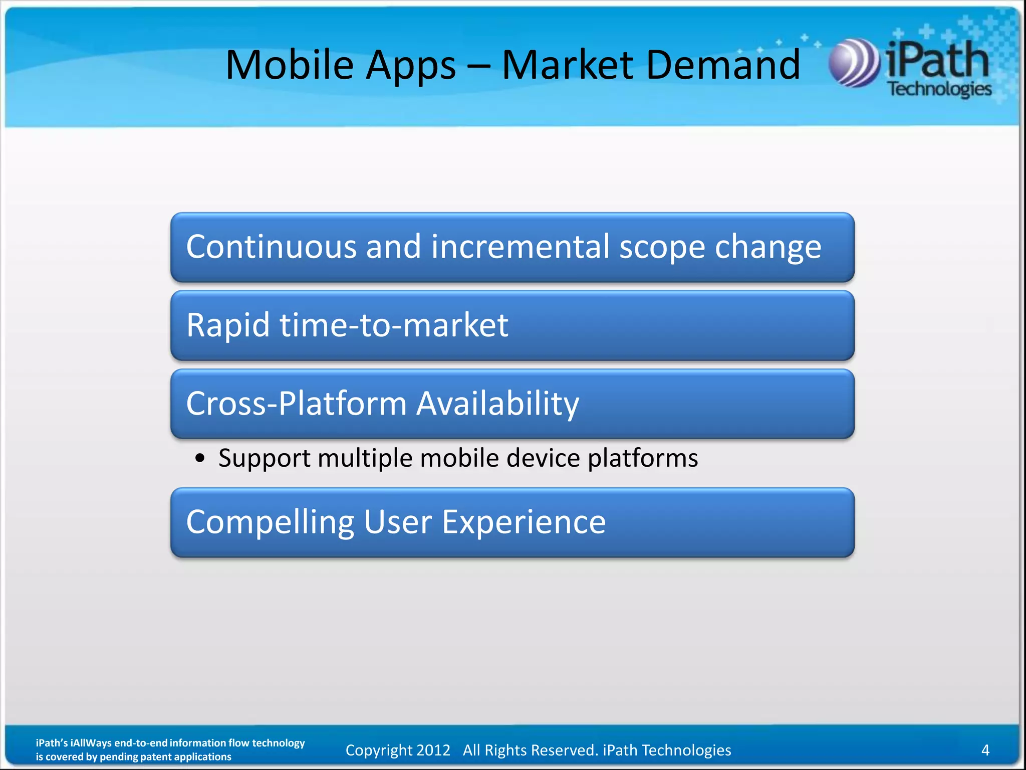 Mobile Apps – Market Demand


                              Continuous and incremental scope change

                              Rapid time-to-market

                              Cross-Platform Availability
                                • Support multiple mobile device platforms

                              Compelling User Experience




iPath’s iAllWays end-to-end information flow technology
is covered by pending patent applications                 Copyright 2012 All Rights Reserved. iPath Technologies   4
 