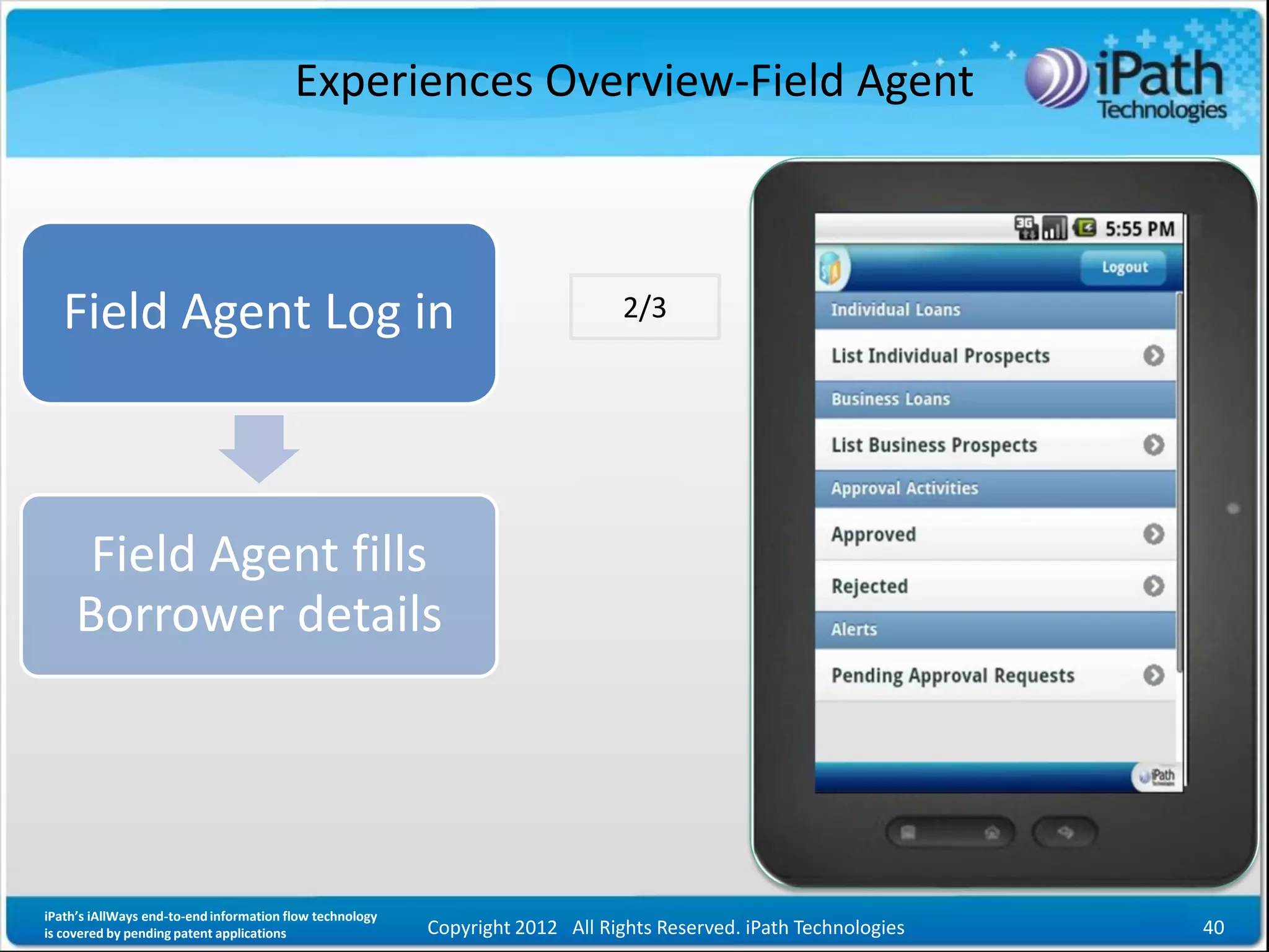 Experiences Overview-Field Agent



   Field Agent Log in                                                           2/3




      Field Agent fills
     Borrower details




iPath’s iAllWays end-to-end information flow technology
is covered by pending patent applications                 Copyright 2012 All Rights Reserved. iPath Technologies   40
 