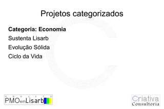 Projetos categorizados
Categoria: Economia
Sustenta Lisarb
Evolução Sólida
Ciclo da Vida
 