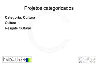Projetos categorizados
Categoria: Cultura
Cultura
Resgate Cultural
 