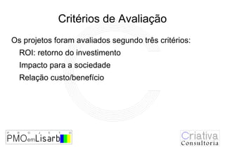 Critérios de Avaliação
Os projetos foram avaliados segundo três critérios:
  ROI: retorno do investimento
  Impacto para a sociedade
  Relação custo/benefício
 