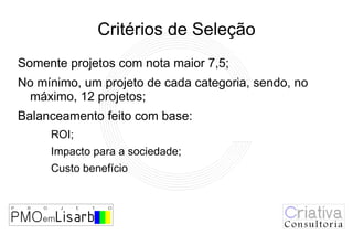 Critérios de Seleção
Somente projetos com nota maior 7,5;
No mínimo, um projeto de cada categoria, sendo, no
 máximo, 12 projetos;
Balanceamento feito com base:
     ROI;
     Impacto para a sociedade;
     Custo benefício
 