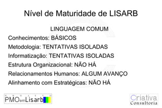 Nível de Maturidade de LISARB
               LINGUAGEM COMUM
Conhecimentos: BÁSICOS
Metodologia: TENTATIVAS ISOLADAS
Informatização: TENTATIVAS ISOLADAS
Estrutura Organizacional: NÃO HÁ
Relacionamentos Humanos: ALGUM AVANÇO
Alinhamento com Estratégicas: NÃO HÁ
 