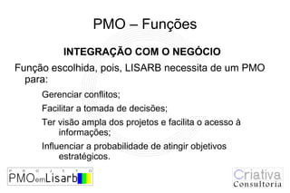 PMO – Funções
          INTEGRAÇÃO COM O NEGÓCIO
Função escolhida, pois, LISARB necessita de um PMO
  para:
     Gerenciar conflitos;
     Facilitar a tomada de decisões;
     Ter visão ampla dos projetos e facilita o acesso à
         informações;
     Influenciar a probabilidade de atingir objetivos
          estratégicos.
 