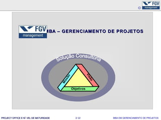 MBA – GERENCIAMENTO DE PROJETOS




                                                            Vi
                                           ão




                                                               sã
                                           ss




                                                              o
                                        Mi




                                                Objetivos




PROJECT OFFICE E NÍ VEL DE MATURIDADE             2/ 22             MBA EM GERENCIAMENTO DE PROJETOS
 