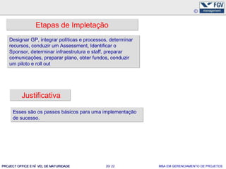 Etapas de Impletação
    Designar GP, integrar políticas e processos, determinar
    recursos, conduzir um Assessment, Identificar o
    Sponsor, determinar infraestrutura e staff, preparar
    comunicações, preparar plano, obter fundos, conduzir
    um piloto e roll out




          Justificativa

      Esses são os passos básicos para uma implementação
      de sucesso.




PROJECT OFFICE E NÍ VEL DE MATURIDADE          20/ 22         MBA EM GERENCIAMENTO DE PROJETOS
 