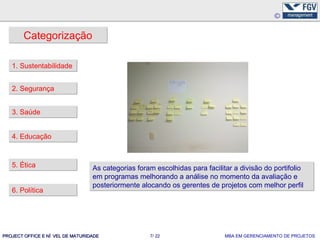 Categorização

   1. Sustentabilidade


   2. Segurança


   3. Saúde


   4. Educação



   5. Ética                       As categorias foram escolhidas para facilitar a divisão do portifolio
                                  em programas melhorando a análise no momento da avaliação e
                                  posteriormente alocando os gerentes de projetos com melhor perfil
   6. Política




PROJECT OFFICE E NÍ VEL DE MATURIDADE               7/ 22                    MBA EM GERENCIAMENTO DE PROJETOS
 