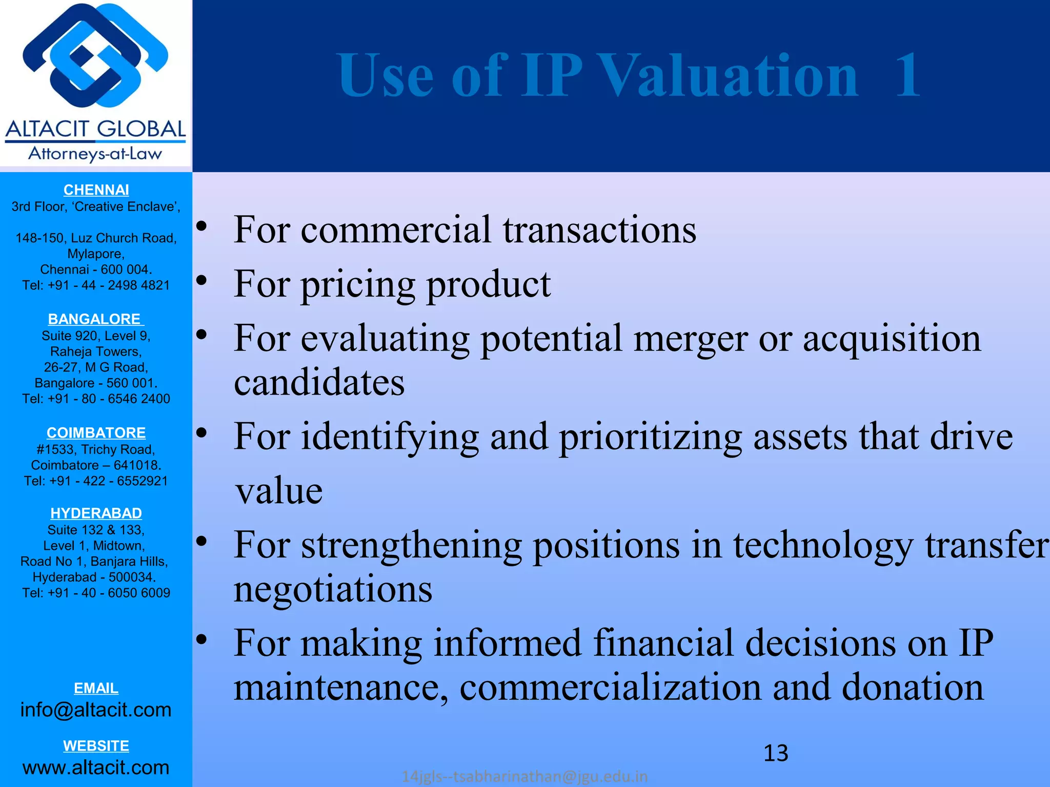 CHENNAI
3rd Floor, ‘Creative Enclave’,
148-150, Luz Church Road,
Mylapore,
Chennai - 600 004.
Tel: +91 - 44 - 2498 4821
BANGALORE
Suite 920, Level 9,
Raheja Towers,
26-27, M G Road,
Bangalore - 560 001.
Tel: +91 - 80 - 6546 2400
COIMBATORE
#1533, Trichy Road,
Coimbatore – 641018.
Tel: +91 - 422 - 6552921
HYDERABAD
Suite 132 & 133,
Level 1, Midtown,
Road No 1, Banjara Hills,
Hyderabad - 500034.
Tel: +91 - 40 - 6050 6009
EMAIL
info@altacit.com
WEBSITE
www.altacit.com
Use of IP Valuation 1
• For commercial transactions
• For pricing product
• For evaluating potential merger or acquisition
candidates
• For identifying and prioritizing assets that drive
value
• For strengthening positions in technology transfer
negotiations
• For making informed financial decisions on IP
maintenance, commercialization and donation
14jgls--tsabharinathan@jgu.edu.in
13
 