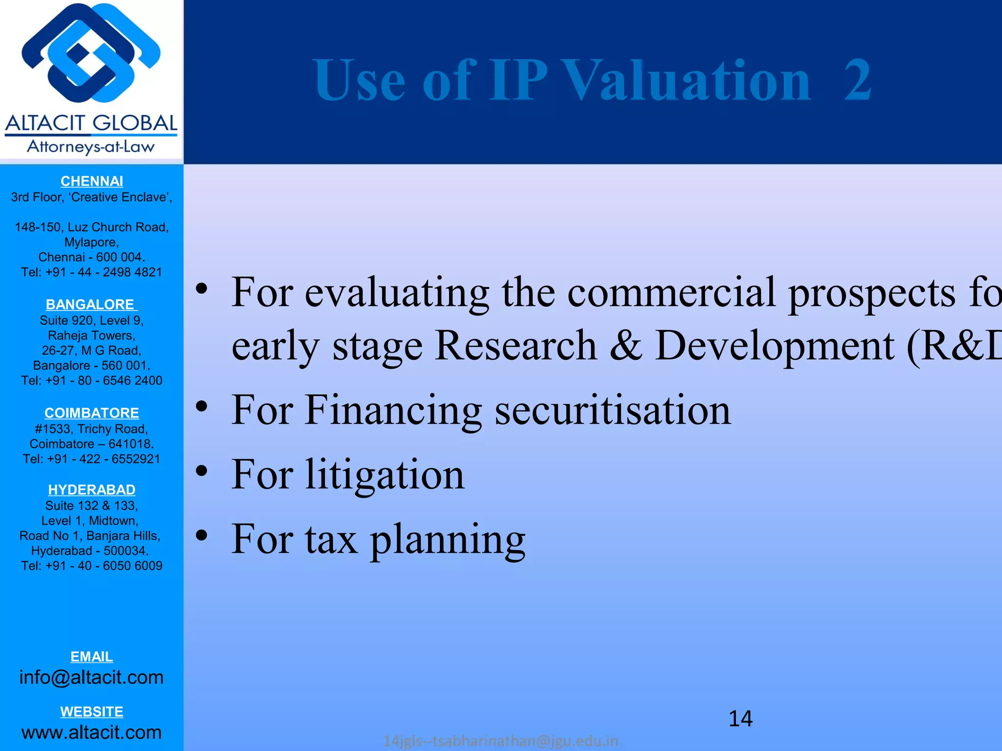 CHENNAI
3rd Floor, ‘Creative Enclave’,
148-150, Luz Church Road,
Mylapore,
Chennai - 600 004.
Tel: +91 - 44 - 2498 4821
BANGALORE
Suite 920, Level 9,
Raheja Towers,
26-27, M G Road,
Bangalore - 560 001.
Tel: +91 - 80 - 6546 2400
COIMBATORE
#1533, Trichy Road,
Coimbatore – 641018.
Tel: +91 - 422 - 6552921
HYDERABAD
Suite 132 & 133,
Level 1, Midtown,
Road No 1, Banjara Hills,
Hyderabad - 500034.
Tel: +91 - 40 - 6050 6009
EMAIL
info@altacit.com
WEBSITE
www.altacit.com
Use of IP Valuation 2
• For evaluating the commercial prospects fo
early stage Research & Development (R&D
• For Financing securitisation
• For litigation
• For tax planning
14jgls--tsabharinathan@jgu.edu.in
14
 