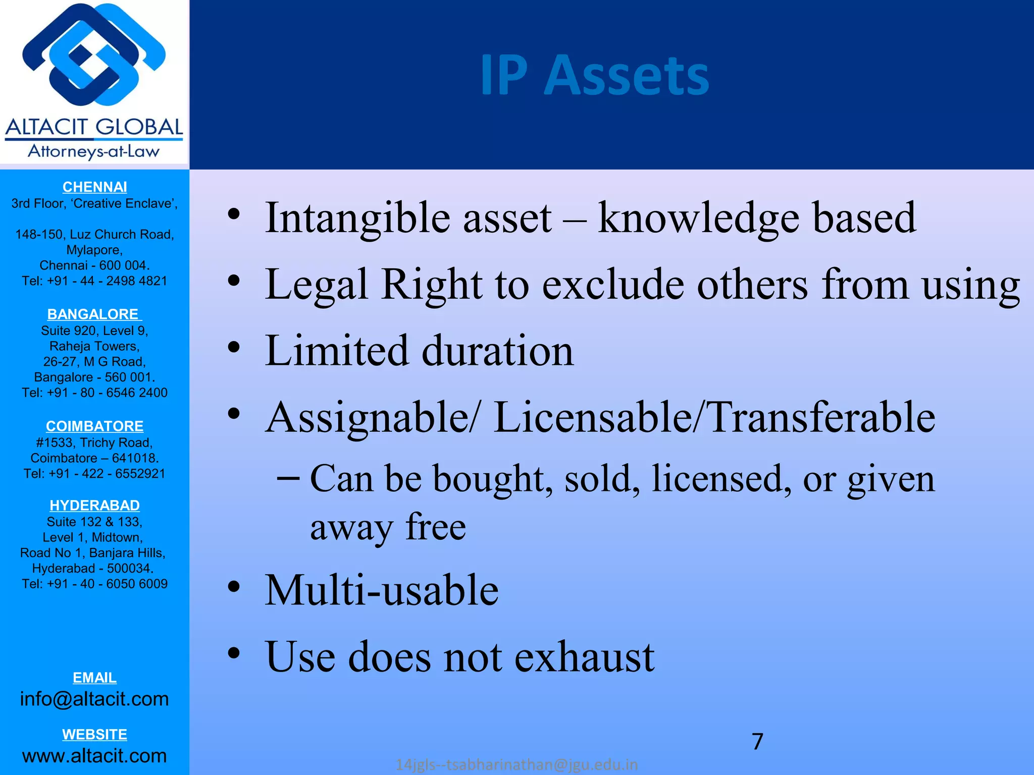 CHENNAI
3rd Floor, ‘Creative Enclave’,
148-150, Luz Church Road,
Mylapore,
Chennai - 600 004.
Tel: +91 - 44 - 2498 4821
BANGALORE
Suite 920, Level 9,
Raheja Towers,
26-27, M G Road,
Bangalore - 560 001.
Tel: +91 - 80 - 6546 2400
COIMBATORE
#1533, Trichy Road,
Coimbatore – 641018.
Tel: +91 - 422 - 6552921
HYDERABAD
Suite 132 & 133,
Level 1, Midtown,
Road No 1, Banjara Hills,
Hyderabad - 500034.
Tel: +91 - 40 - 6050 6009
EMAIL
info@altacit.com
WEBSITE
www.altacit.com
IP Assets
• Intangible asset – knowledge based
• Legal Right to exclude others from using
• Limited duration
• Assignable/ Licensable/Transferable
– Can be bought, sold, licensed, or given
away free
• Multi-usable
• Use does not exhaust
14jgls--tsabharinathan@jgu.edu.in
7
 