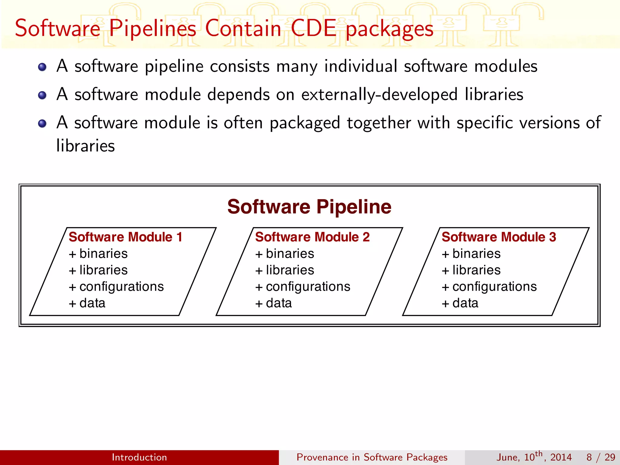 Software Pipelines Contain CDE packages
A software pipeline consists many individual software modules
A software module depends on externally-developed libraries
A software module is often packaged together with speciﬁc versions of
libraries
Introduction Provenance in Software Packages June, 10th
, 2014 8 / 29
 