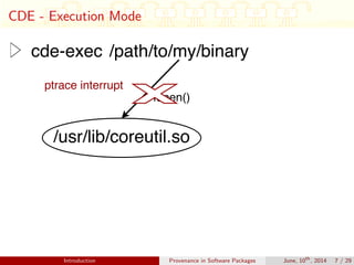 CDE - Execution Mode
Introduction Provenance in Software Packages June, 10th
, 2014 7 / 29
 