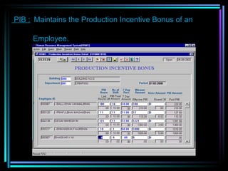 PIB :   Maintains the Production Incentive Bonus of an    Employee. 