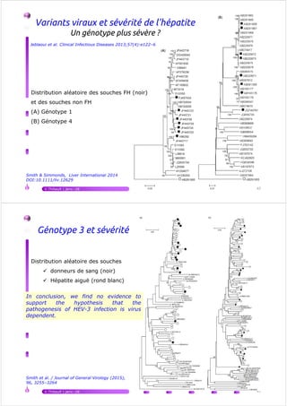 Distribution aléatoire des souches FH (noir)
et des souches non FH
Variants viraux et sévérité de l'hépatite
Un génotype plus sévère ?
Jeblaoui et al. Clinical Infectious Diseases 2013;57(4):e122–6
V.Thibault | janv.-16 42
Smith & Simmonds, Liver International 2014
DOI:10.1111/liv.12629
et des souches non FH
(A) Génotype 1
(B) Génotype 4
Génotype 3 et sévérité
In conclusion, we find no evidence to
support the hypothesis that the
In conclusion, we find no evidence to
support the hypothesis that the
Distribution aléatoire des souches
donneurs de sang (noir)
Hépatite aiguë (rond blanc)
V.Thibault | janv.-16 43
Smith et al. / Journal of General Virology (2015),
96, 3255–3264
support the hypothesis that the
pathogenesis of HEV-3 infection is virus
dependent.
support the hypothesis that the
pathogenesis of HEV-3 infection is virus
dependent.
 
