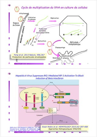 150
V.Thibault | janv.-16 3
150
Historique VHA
Avant J.C.: “La Jaunisse” (Ikterus / kirrhos)
1745 : Cockayne, hépatites épidémiques
1908 : McDonald, "notion de virus…"
Reproduction de la maladie 1942 :
Volontaires (Voegt, Havens), Paul 1943 ingestion feces/serum
Entité clinique :
17-18ème siècle - 1923 Blumer - 1947 McCallum (VHA "infectious"-VHB "serum")
1995 : Vaccin
Transmission nosocomiale (préparation vaccinale : variole, fièvre jaune…)
Visualisation : 1973 (Feinstone)
Développement de la sérologie : épidémiologie
1979 : culture (Provost et Hilleman)
1981... : Clonage, Séquences nucléotidiques
1991… : Vaccination
2006 : Déclaration obligatoire
2015 : origine zoonotique du virus
V.Thibault | janv.-16 4
1995 : Vaccin
1996 : recommandations
1999 : recommandations
 