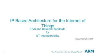 1 
IP Based Architecture for the Internet of 
Things 
November 20, 2014 
IPV6 and Related Standards 
for 
IoT Interoperability 
 