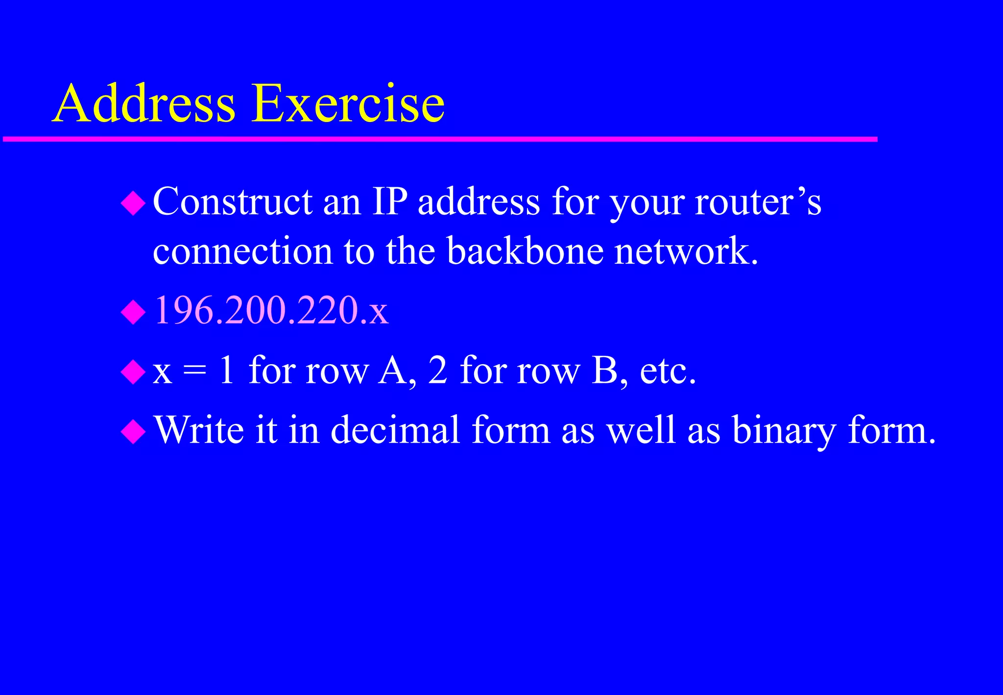 Address Exercise
Construct an IP address for your router’s
connection to the backbone network.
196.200.220.x
x = 1 for row A, 2 for row B, etc.
Write it in decimal form as well as binary form.
 