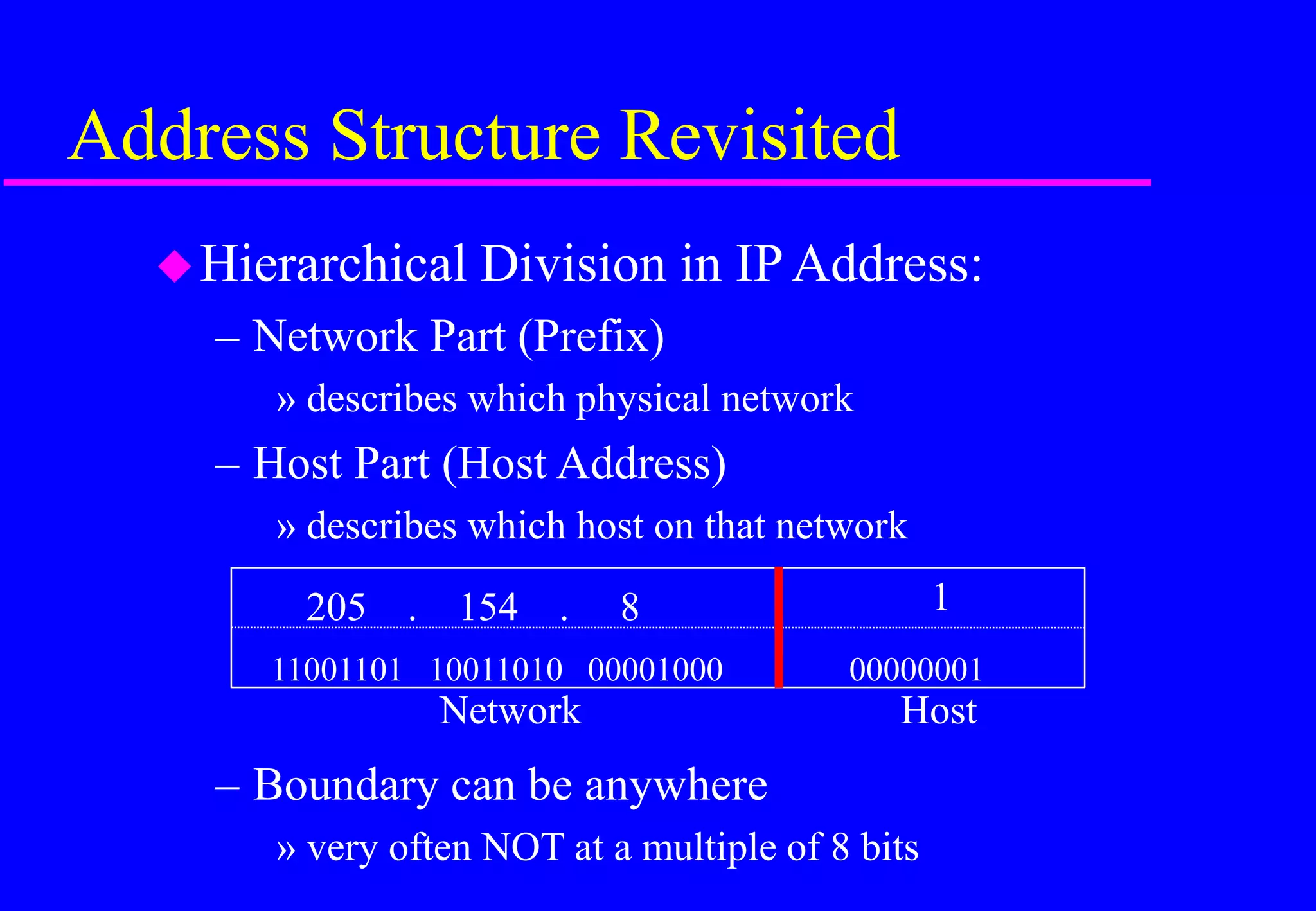 Address Structure Revisited
Hierarchical Division in IPAddress:
– Network Part (Prefix)
» describes which physical network
– Host Part (Host Address)
» describes which host on that network
– Boundary can be anywhere
» very often NOT at a multiple of 8 bits
Network Host
205 . 154 . 8 1
11001101 10011010 00001000 00000001
 