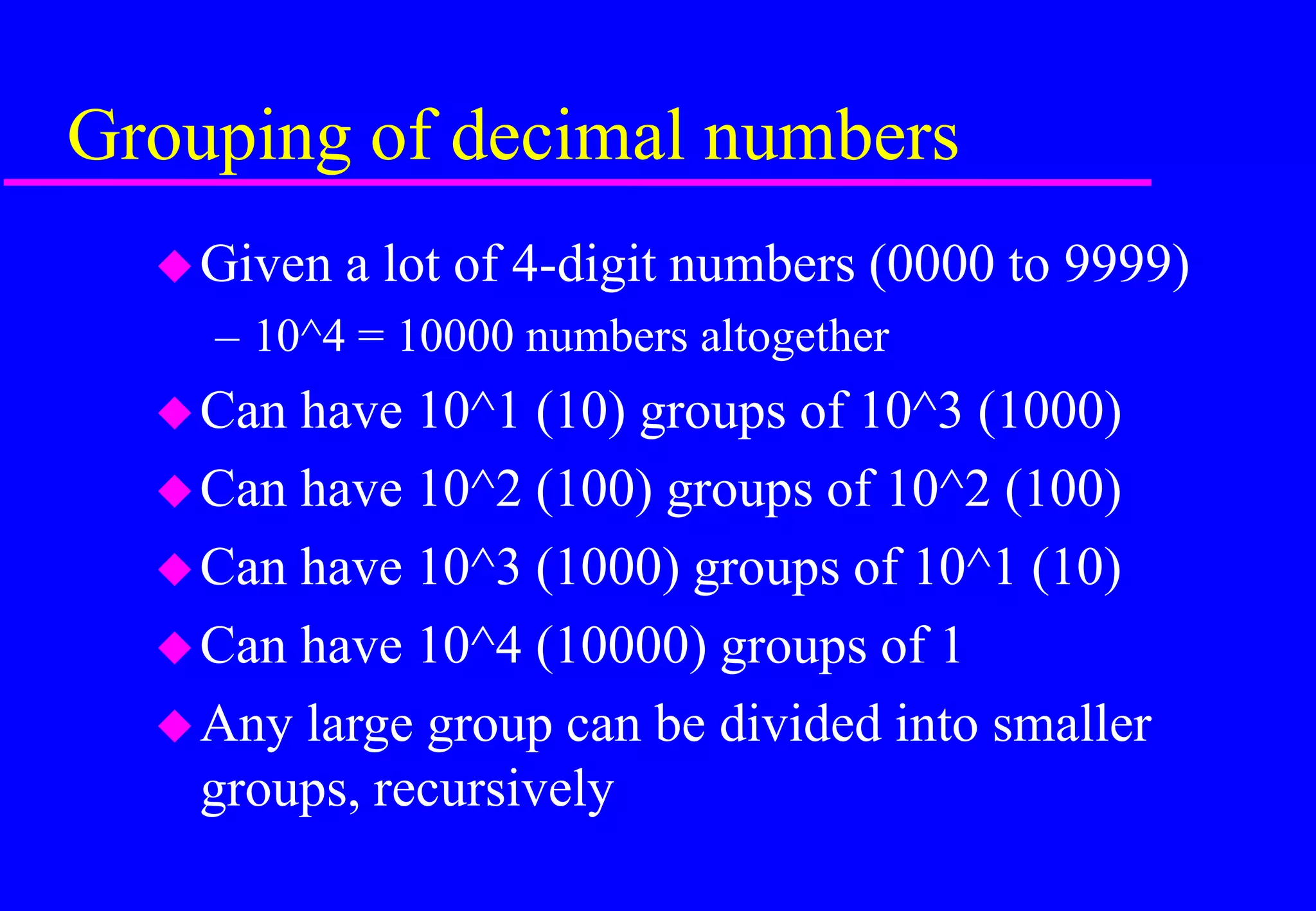 Grouping of decimal numbers
Given a lot of 4-digit numbers (0000 to 9999)
– 10^4 = 10000 numbers altogether
Can have 10^1 (10) groups of 10^3 (1000)
Can have 10^2 (100) groups of 10^2 (100)
Can have 10^3 (1000) groups of 10^1 (10)
Can have 10^4 (10000) groups of 1
Any large group can be divided into smaller
groups, recursively
 