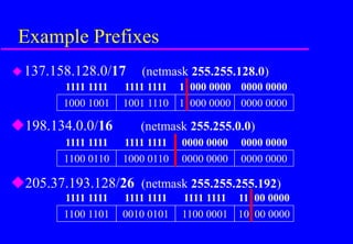 137.158.128.0/17 (netmask 255.255.128.0)
Example Prefixes
1000 1001 1001 1110 1 000 0000 0000 0000
1111 1111 1111 1111 1 000 0000 0000 0000
1100 0110 1000 0110 0000 0000 0000 0000
1111 1111 1111 1111 0000 0000 0000 0000
1100 1101 0010 0101 1100 0001 10 00 0000
1111 1111 1111 1111 1111 1111 11 00 0000
198.134.0.0/16 (netmask 255.255.0.0)
205.37.193.128/26 (netmask 255.255.255.192)
 