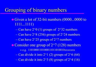 Grouping of binary numbers
Given a lot of 32-bit numbers (0000...0000 to
1111...1111)
– Can have 2^0 (1) groups of 2^32 numbers
– Can have 2^8 (256) groups of 2^24 numbers
– Can have 2^25 groups of 2^7 numbers
Consider one group of 2^7 (128) numbers
» e.g. 1101000110100011011010010xxxxxxx
– Can divide it into 2^1 (2) groups of 2^6 (64)
– Can divide it into 2^3 (8) groups of 2^4 (16)
 
