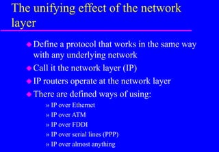 The unifying effect of the network
layer
Define a protocol that works in the same way
with any underlying network
Call it the network layer (IP)
IP routers operate at the network layer
There are defined ways of using:
» IP over Ethernet
» IP over ATM
» IP over FDDI
» IP over serial lines (PPP)
» IP over almost anything
 