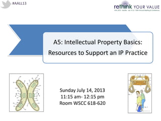 #AALL13
A5: Intellectual Property Basics:
Resources to Support an IP Practice
Sunday July 14, 2013
11:15 am- 12:15 pm
Room WSCC 618-620
 