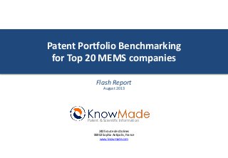 Patent Portfolio Benchmarking
for Top 20 MEMS companies
Flash Report
August 2013

Patent & Scientific Information
2405 route des Dolines
06902 Sophia Antipolis, France
www.knowmade.com

 