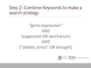 Step 2: Combine Keywords to make a
search strategy
20
“gene expression”
AND
(sugarcane OR saccharum)
AND
(“abiotic stress” OR drought)
 