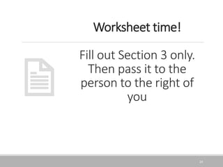 Worksheet time!
Fill out Section 3 only.
Then pass it to the
person to the right of
you
24
 