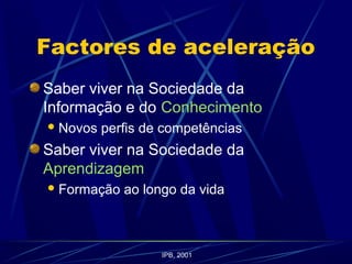 Factores de aceleração
Saber viver na Sociedade da
Informação e do Conhecimento
Novos perfis de competências
Saber viver na Sociedade da
Aprendizagem
Formação ao longo da vida
IPB, 2001
 