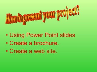 Using Power Point slides Create a brochure. Create a web site. How to present your project? 