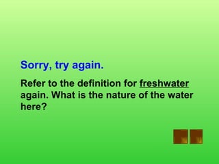 Sorry, try again. Refer to the definition for  freshwater  again. What is the nature of the water here? 