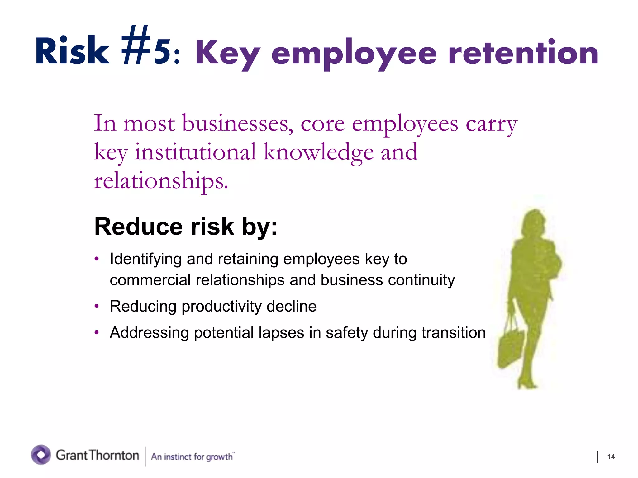 Risk #5: Key employee retention
In most businesses, core employees carry
key institutional knowledge and
relationships.
Reduce risk by:
• Identifying and retaining employees key to
commercial relationships and business continuity
• Reducing productivity decline
• Addressing potential lapses in safety during transition
14
 